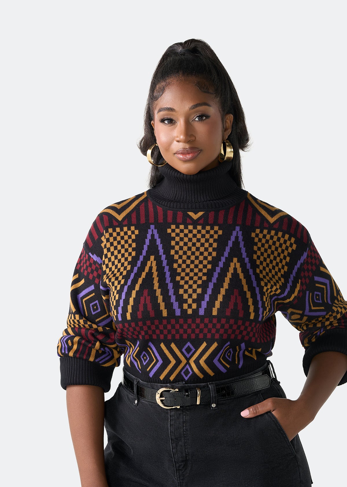 Noma Women's African Print Cropped Turtleneck Sweater (Black Burgundy Tribal) - D'IYANU