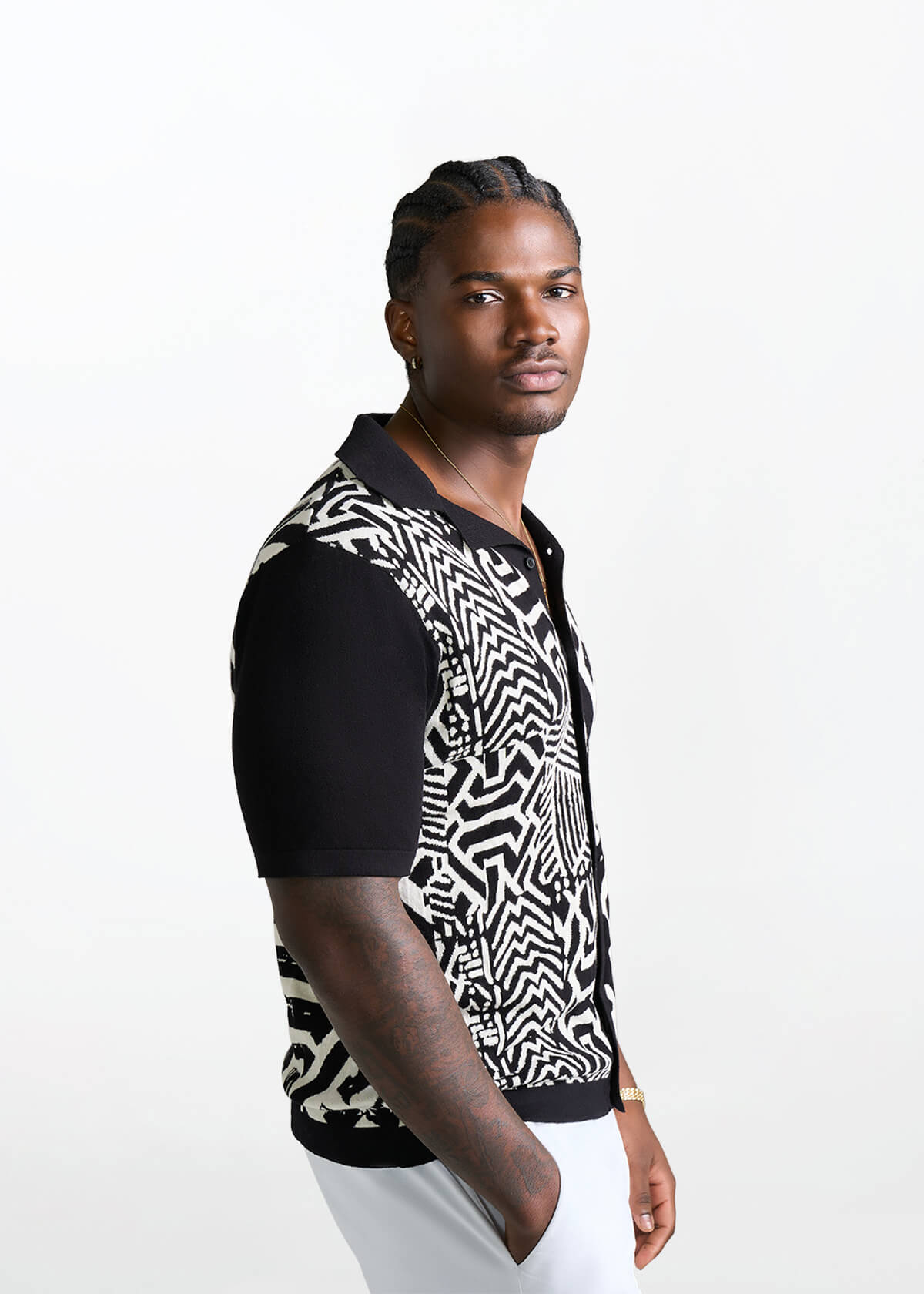 Obi Men's African Print Knit Shirt (Onyx Cream Multipattern) - D'IYANU