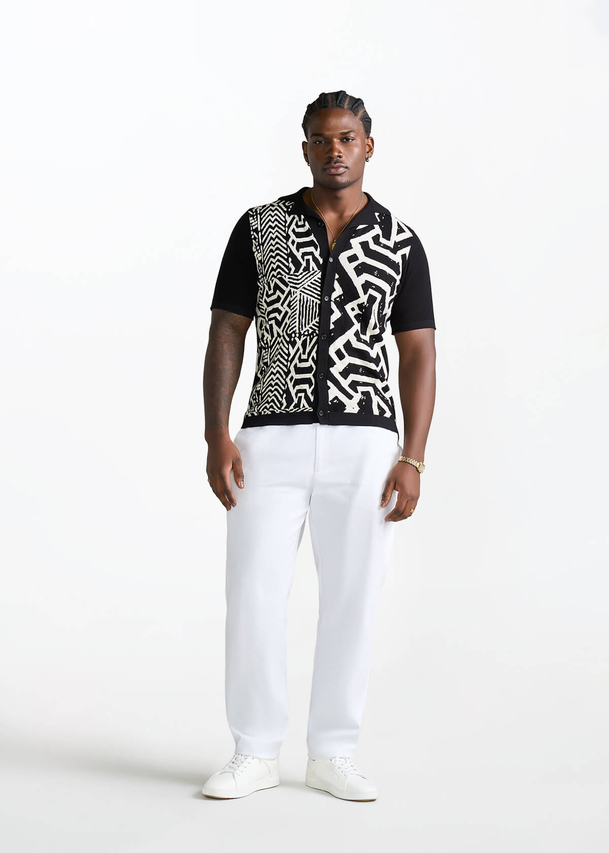 Obi Men's African Print Knit Shirt (Onyx Cream Multipattern) - D'IYANU