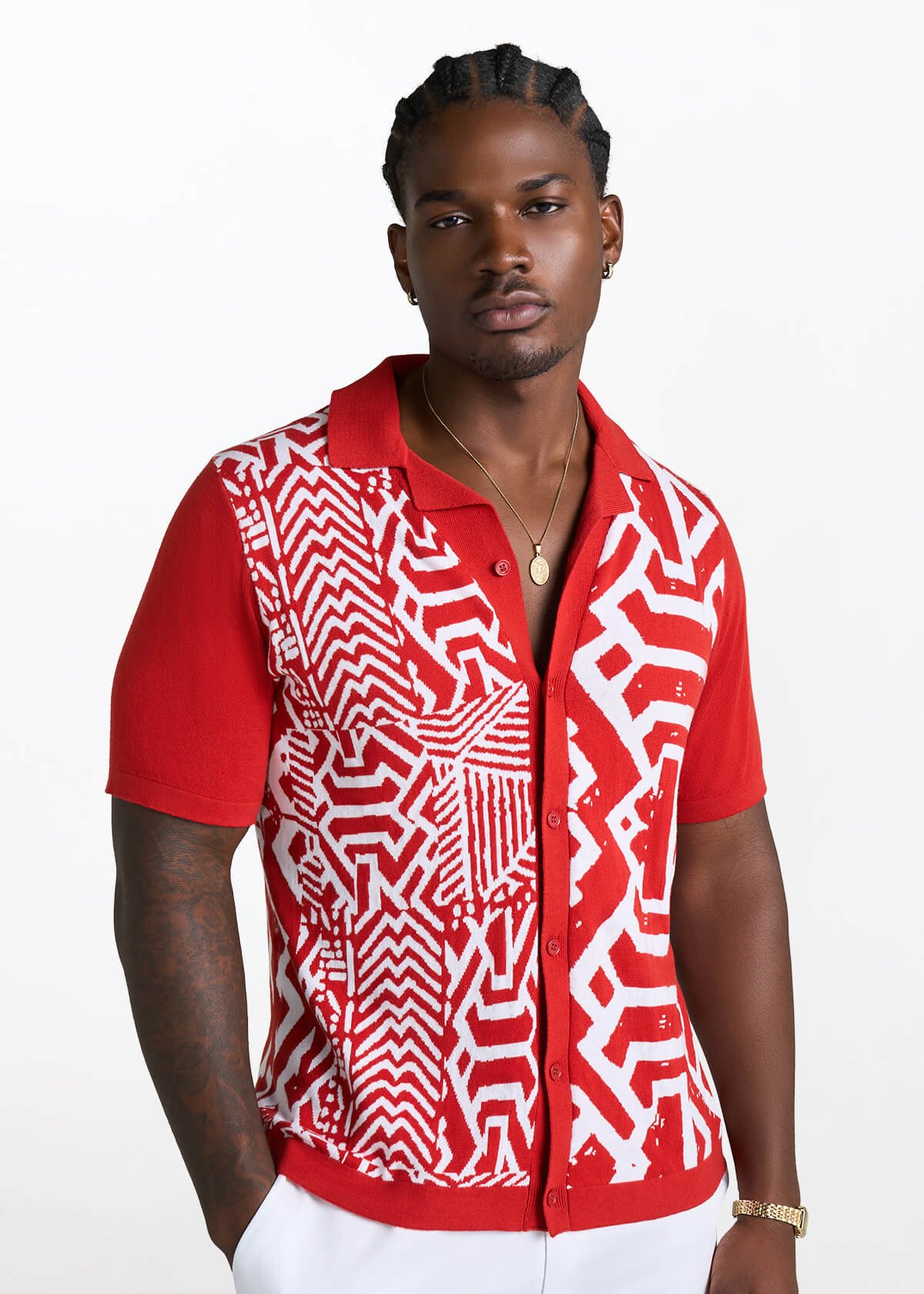 Obi Men's African Print Knit Shirt (Brick Mix Multipattern) - D'IYANU