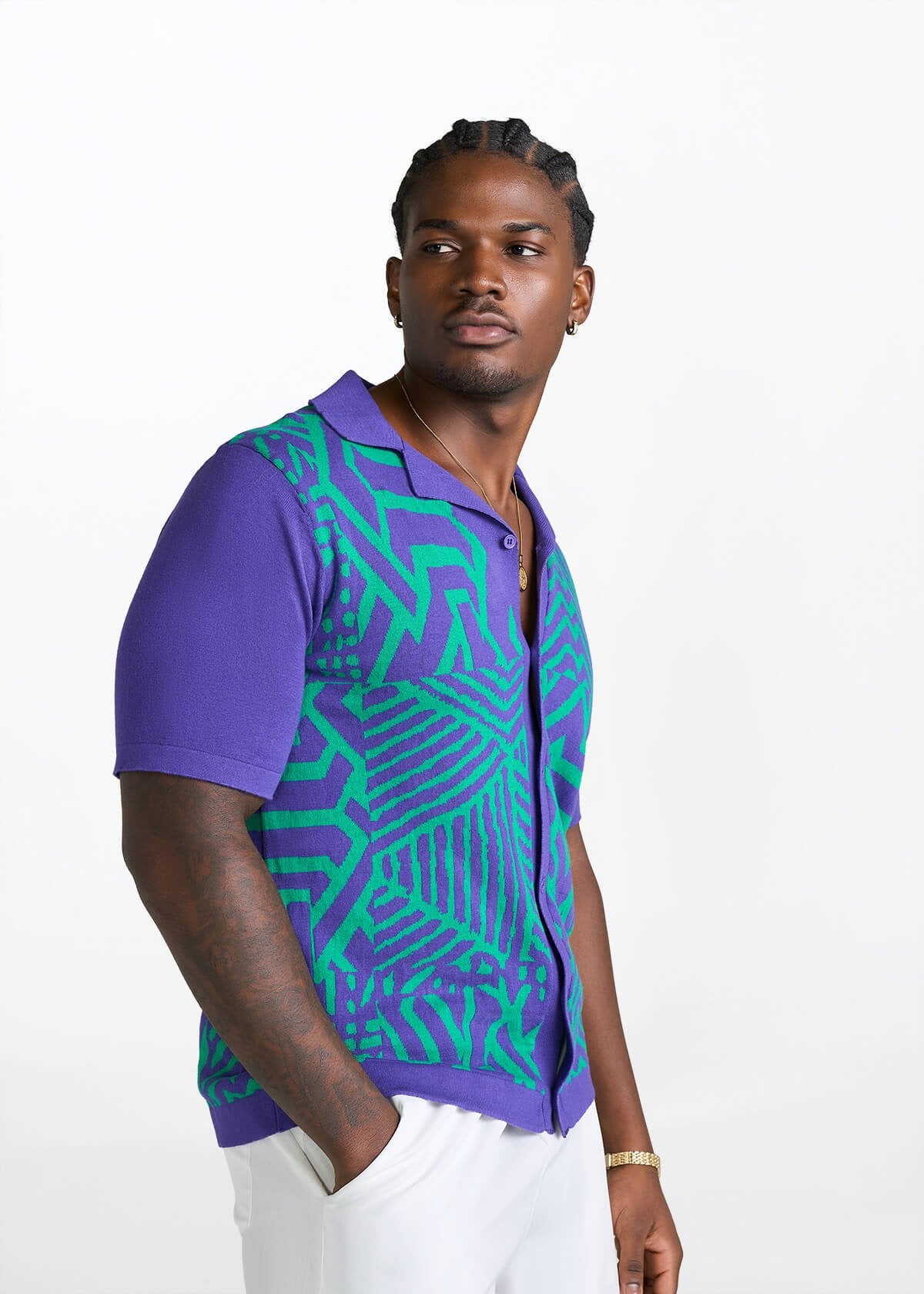 Obi Men's African Print Knit Shirt (Purple Turquoise Multipattern) - D'IYANU