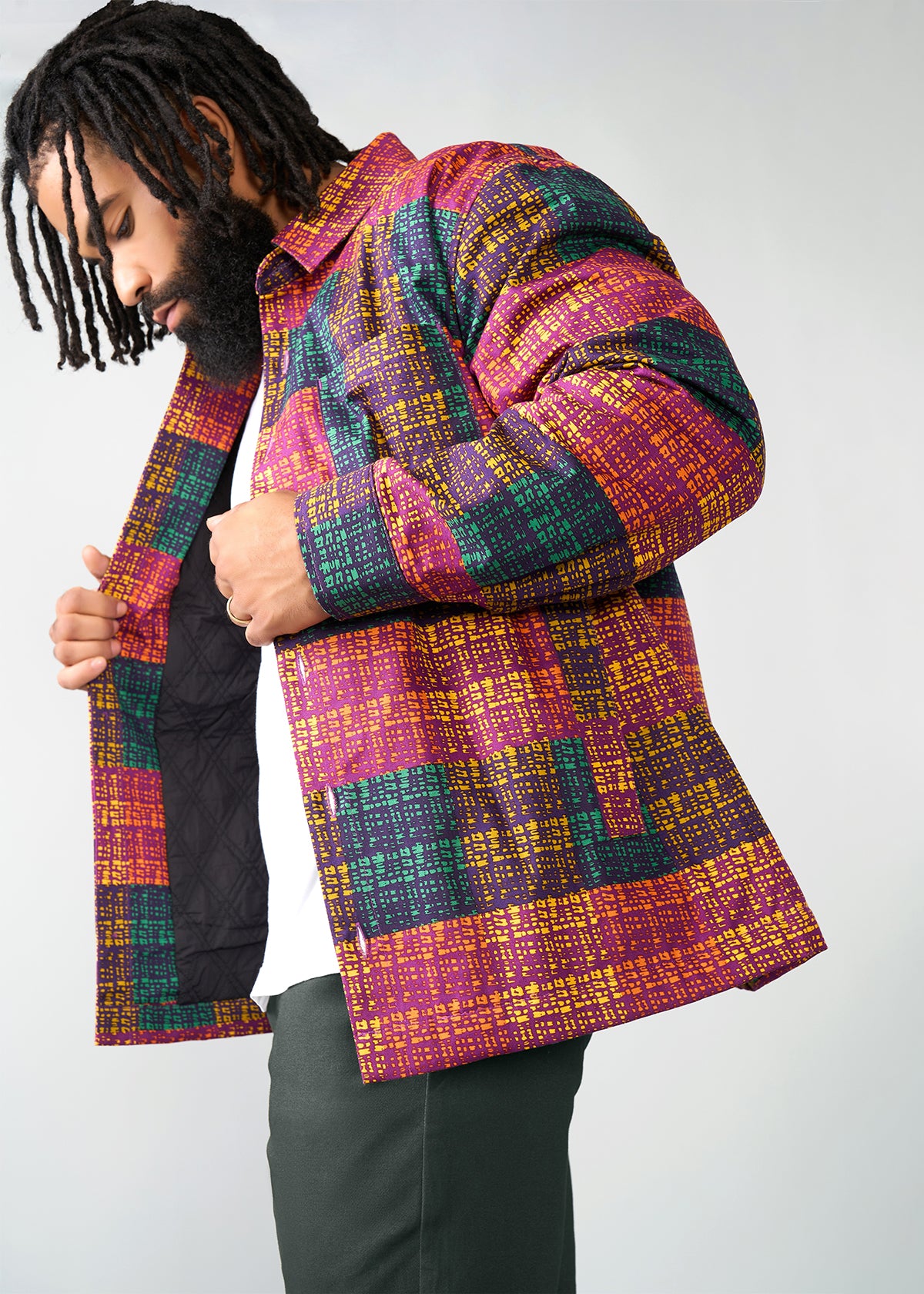 Obike Men's African Print Shirt Jacket (Harvest Plaid Adire Obike Men's African Print Shirt Jacket (Harvest Plaid Adire