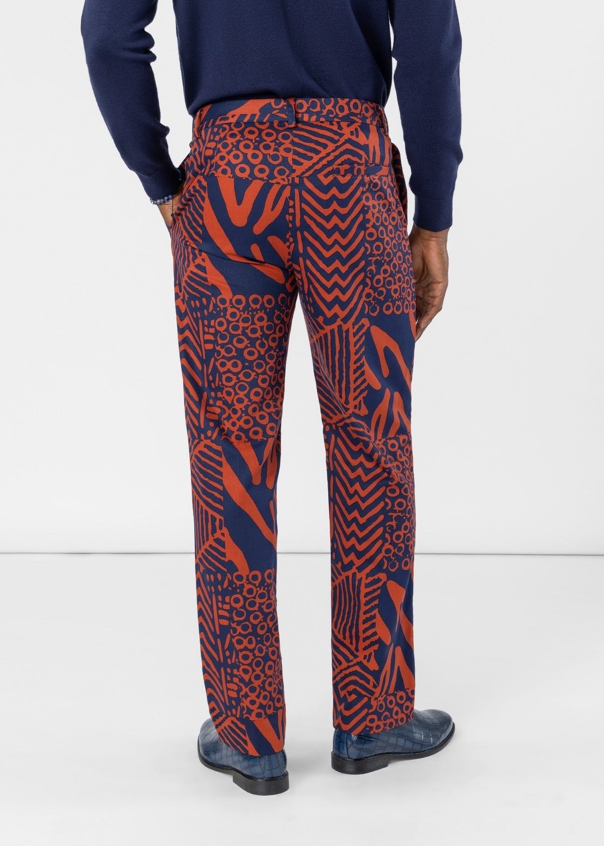 Olamide Men's African Print Trousers (Rust Navy Multipattern) - D'IYANU