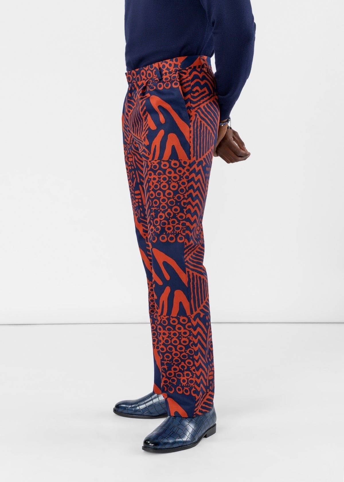 Olamide Men's African Print Trousers (Rust Navy Multipattern) - D'IYANU