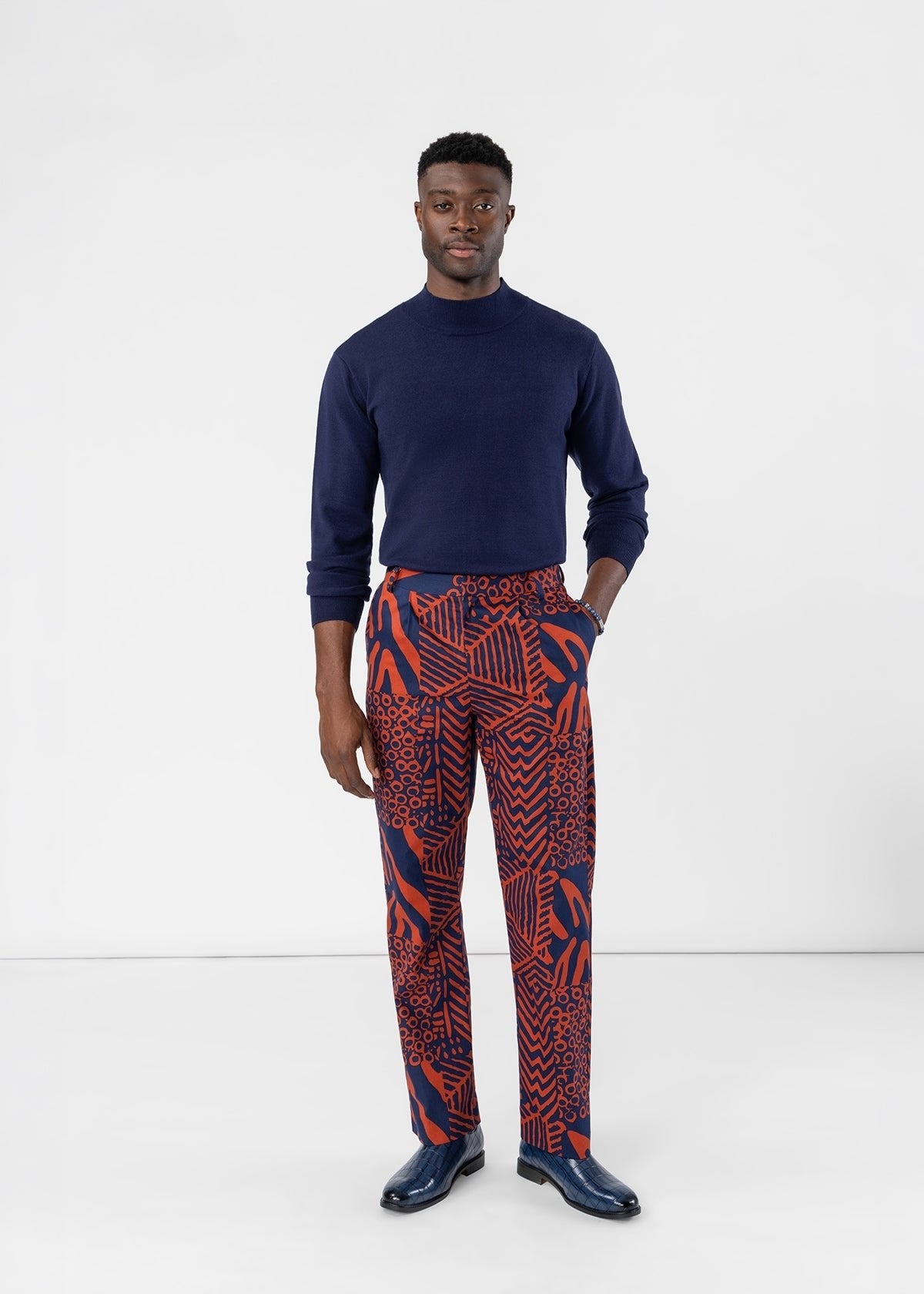 Olamide Men's African Print Trousers (Rust Navy Multipattern) - D'IYANU