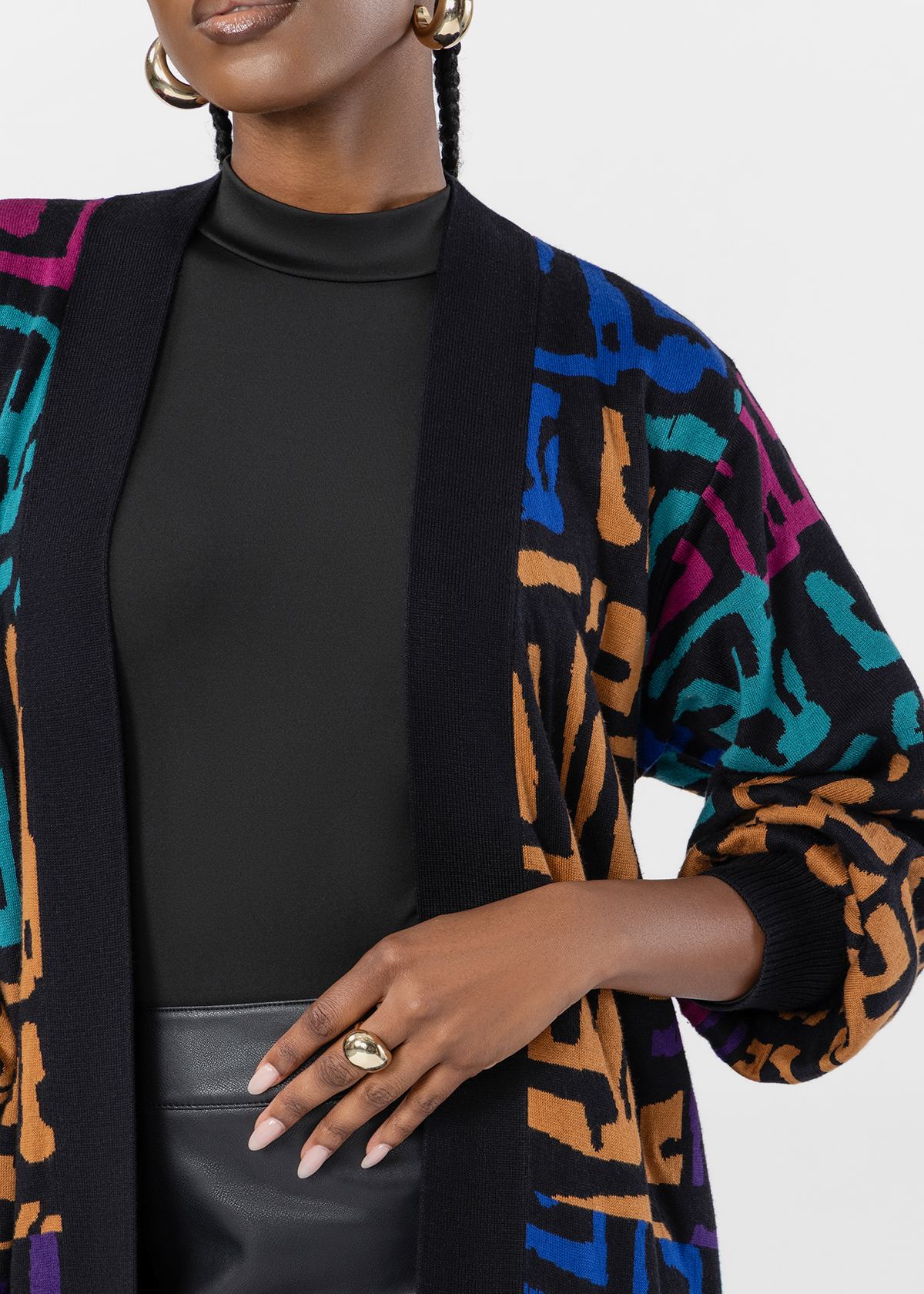 Olayemi Women's African Print Cardigan Sweater (Ebony Multi Geometric) - D'IYANU
