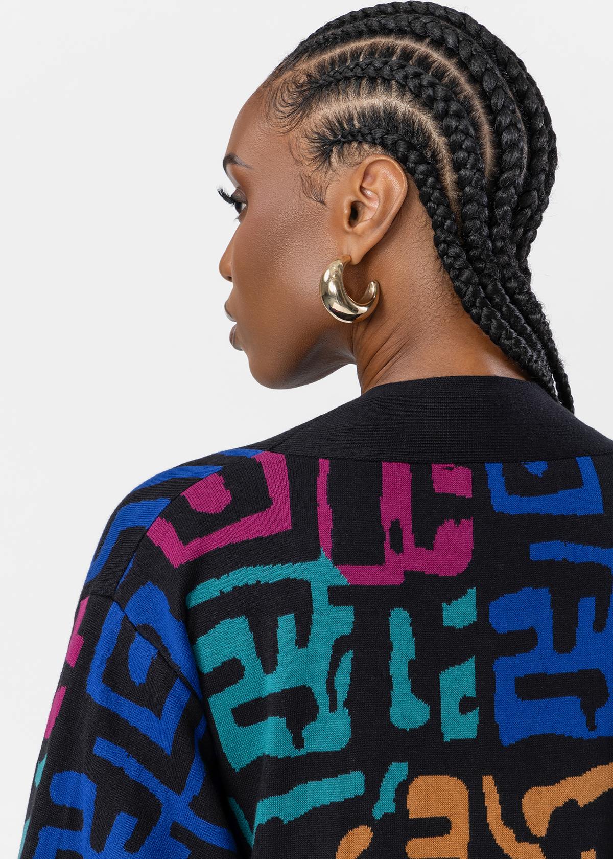 Olayemi Women's African Print Cardigan Sweater (Ebony Multi Geometric) - D'IYANU