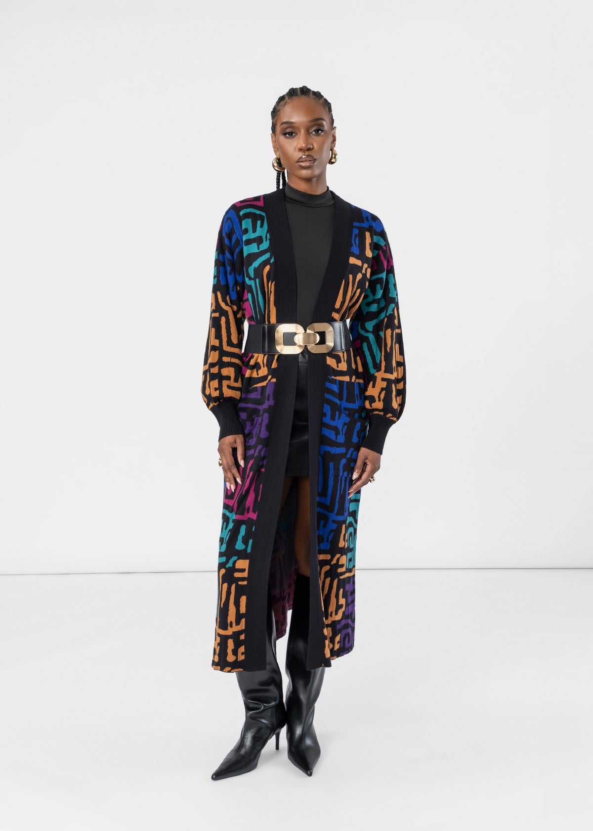 Olayemi Women's African Print Cardigan Sweater (Ebony Multi Geometric) - D'IYANU