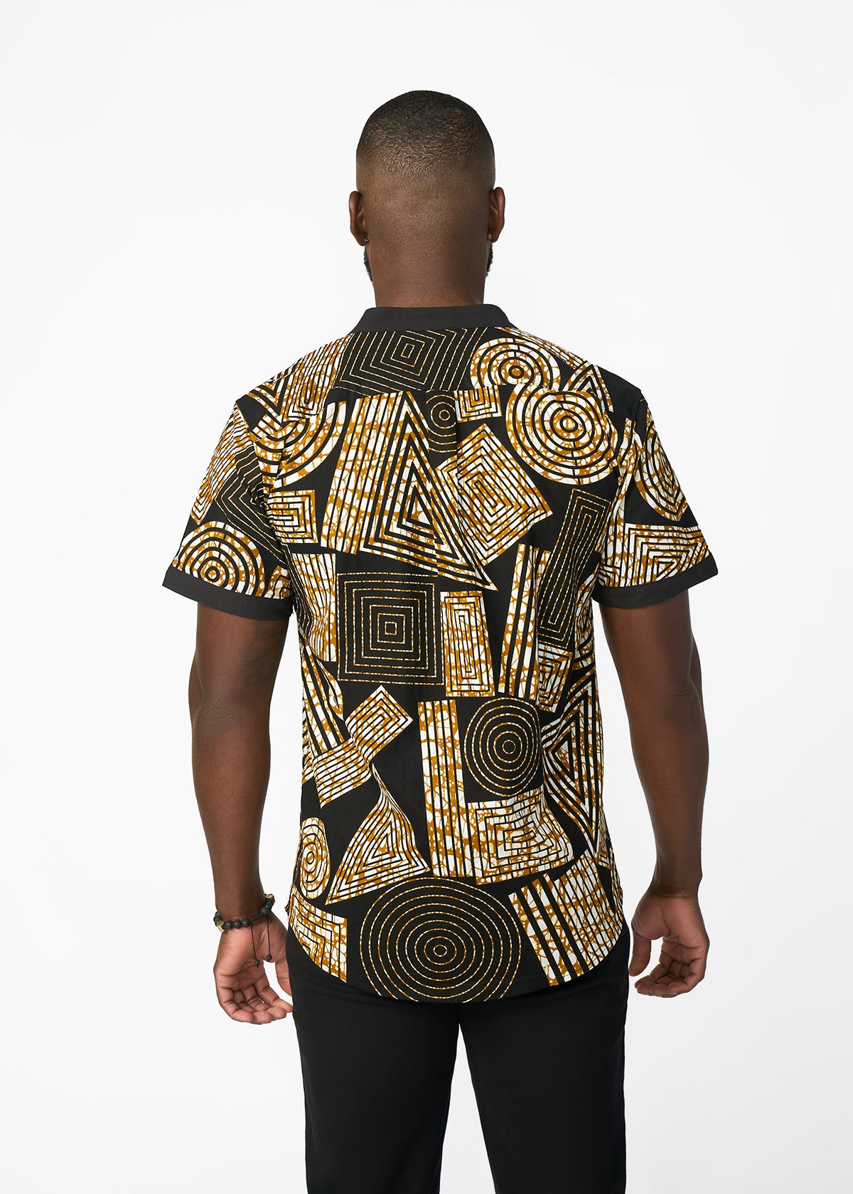 Olu Short Sleeve Mandarin Button-Up African Print Shirt (Black Brown Geometric)