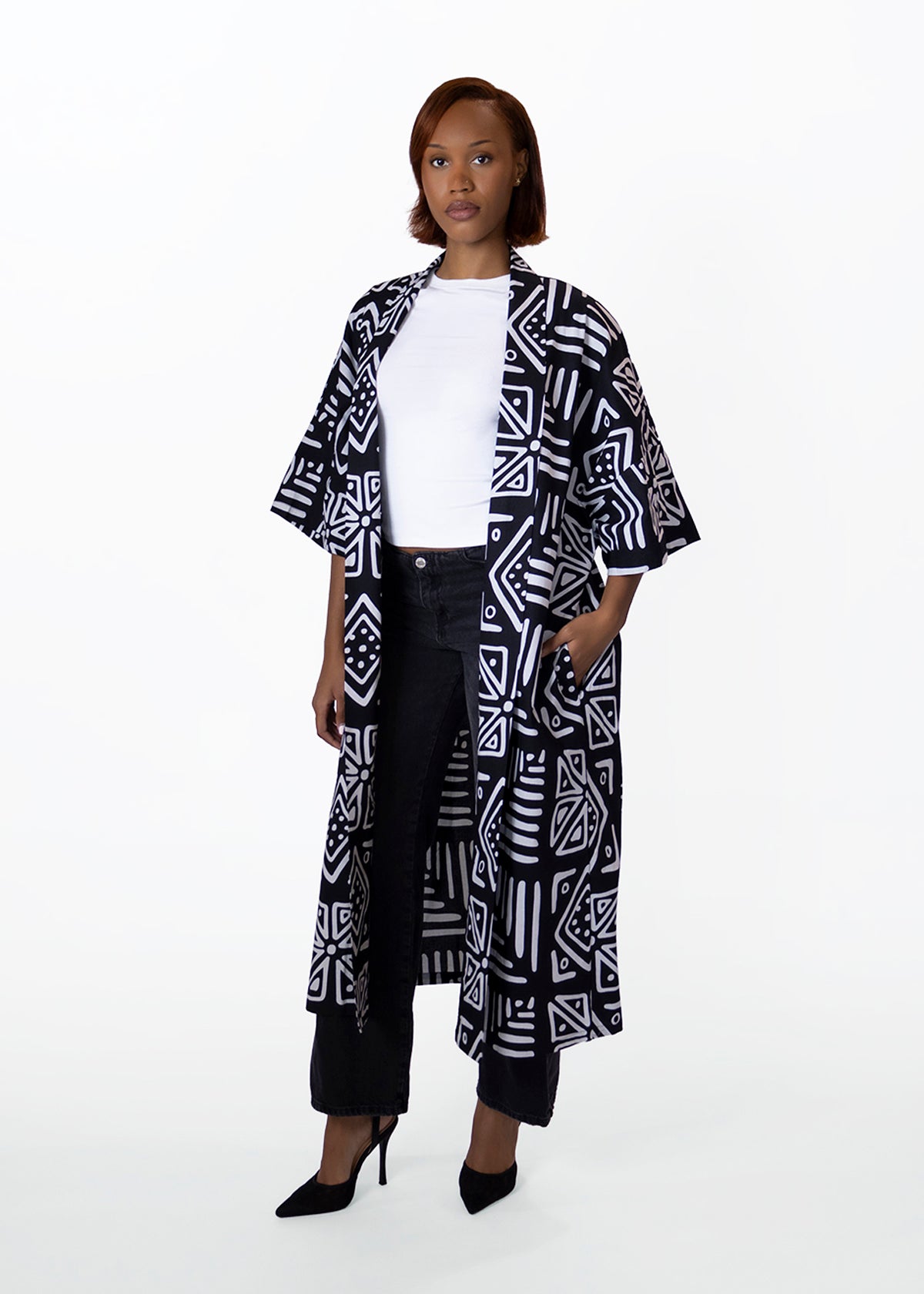 Ondina Women's African Print Kimono (Grayscale Tribal)