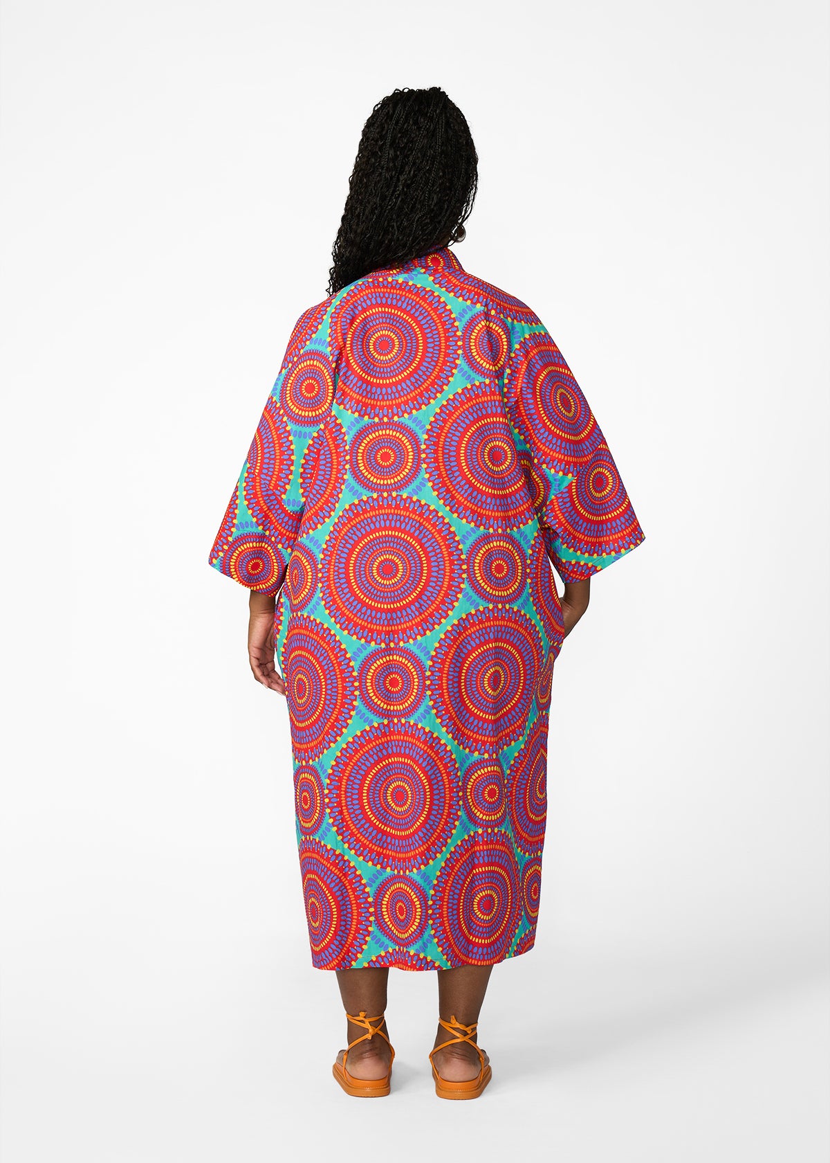 Ondina Women's African Print Kimono (Turquoise Red Circles)