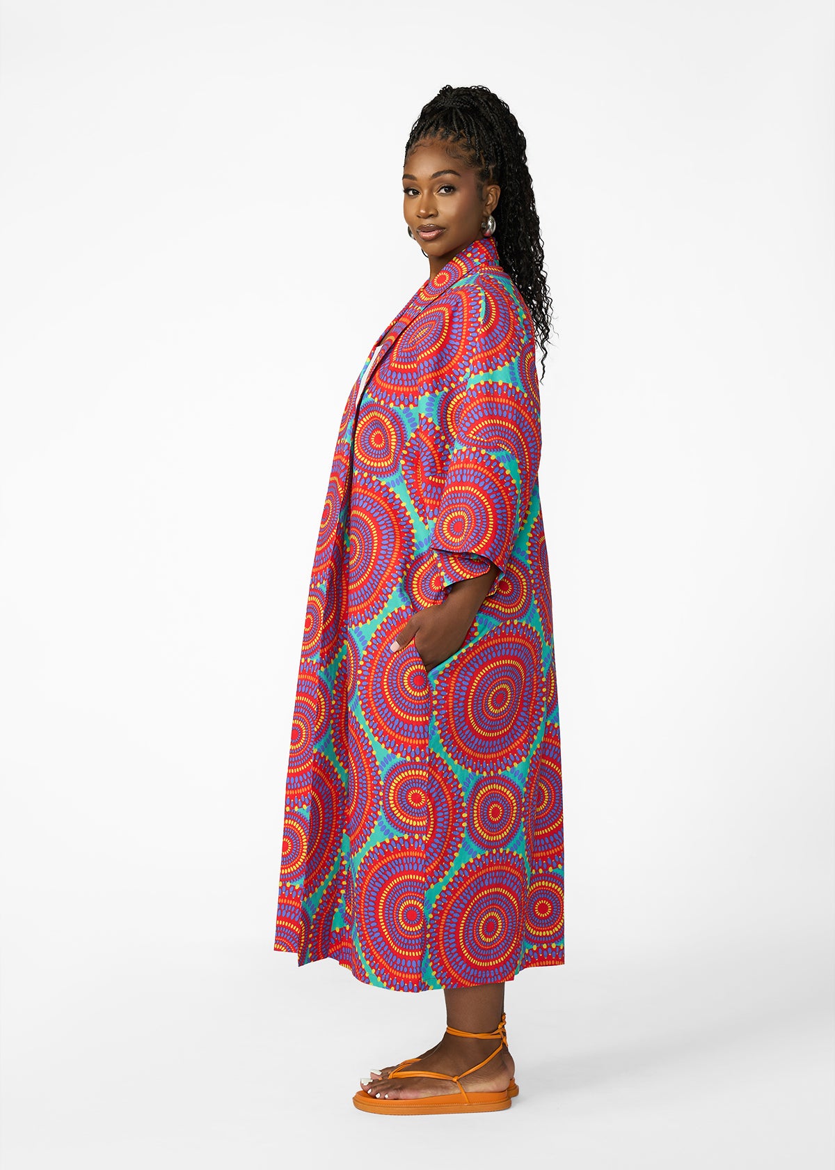 Ondina Women's African Print Kimono (Turquoise Red Circles)