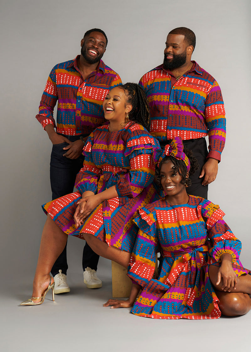 Chane Men's African Print Button-up Shirt (Orange Teal Adire)