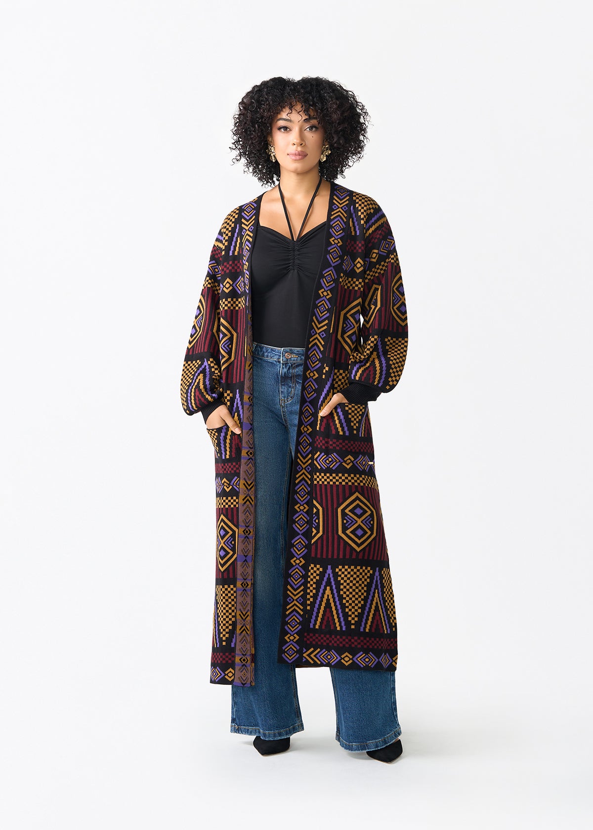 Oratile Women's African Print Cardigan (Black Burgundy Tribal)