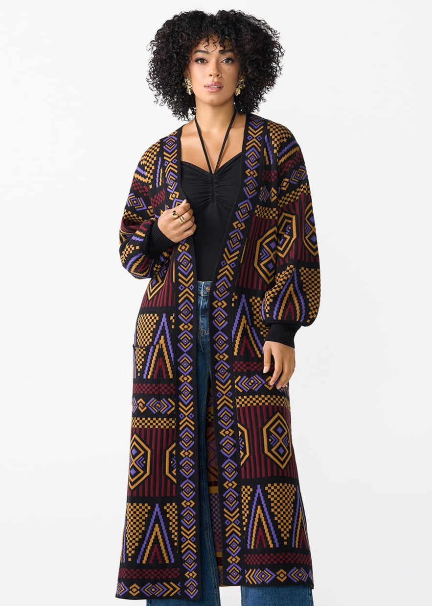 Oratile Women's African Print Cardigan (Black Burgundy Tribal)