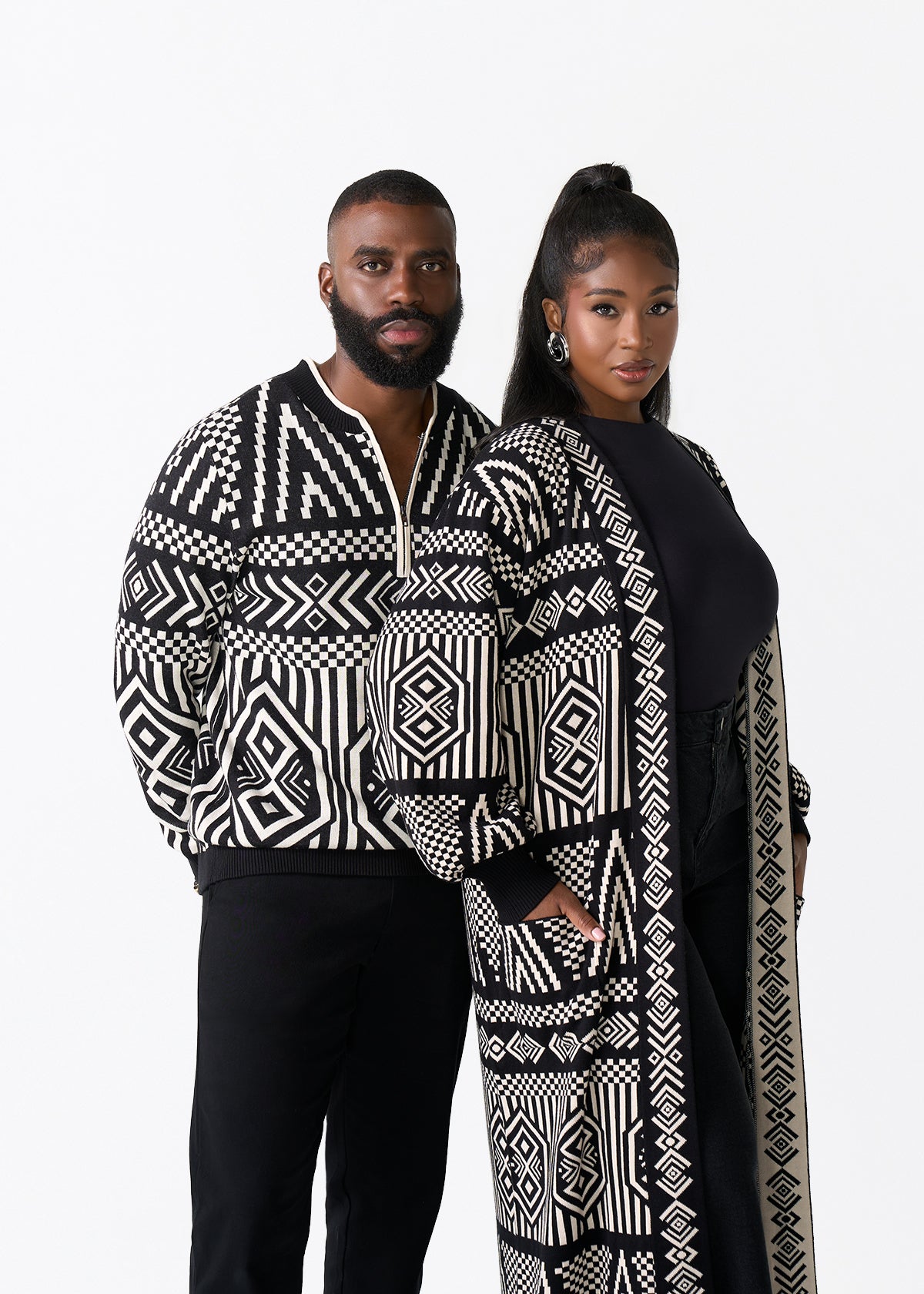Kibo Men's African Print Quarter-Zip Sweater (Black Cream Tribal)