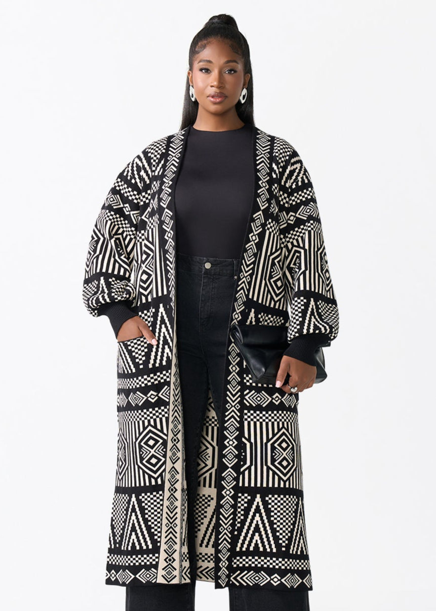 Oratile Women's African Print Cardigan (Black Cream Tribal)