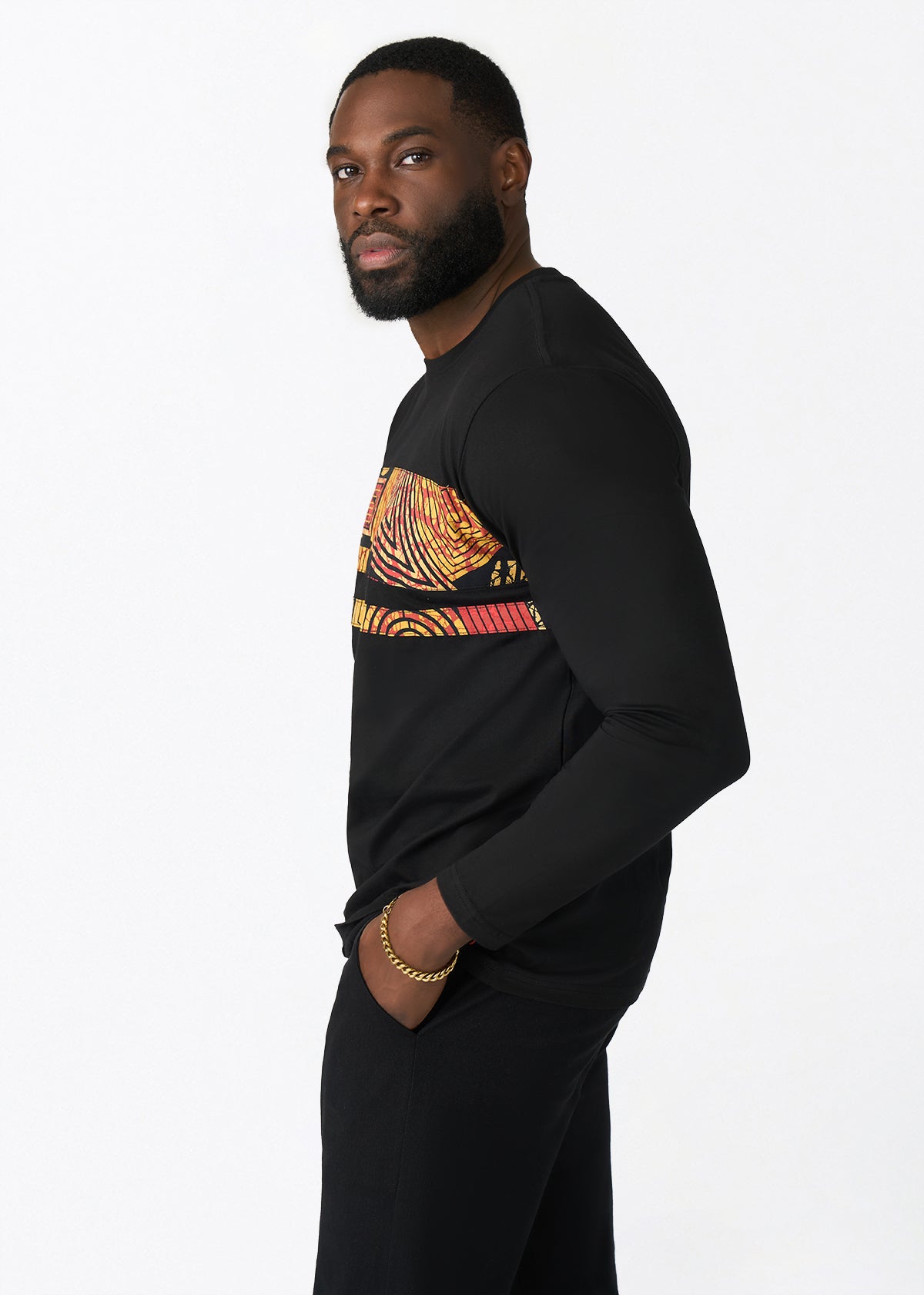 Ore Men's African Print Applique T-shirt (Black Cinnamon Geometric) - D'IYANU