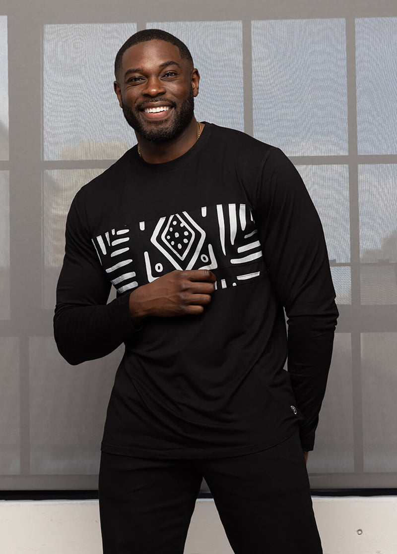 Ore Men's African Print Long Sleeve T-Shirt (Black/Grayscale Tribal)