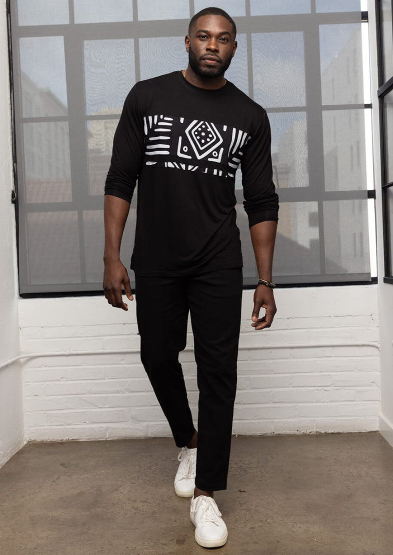 Ore Men's African Print Long Sleeve T-Shirt (Black/Grayscale Tribal)
