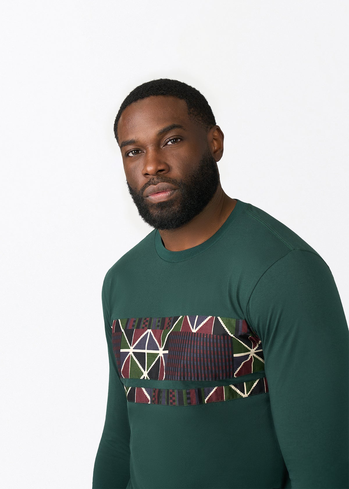 Osei Men's Long Sleeve African Print Applique T-Shirt (Black Red Kente) - D'IYANU