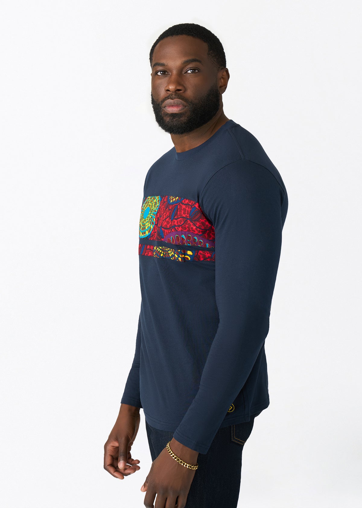 Osei Men's Long Sleeve African Print Applique T-Shirt (New Harvest Multipattern) - Clearance - D'IYANU