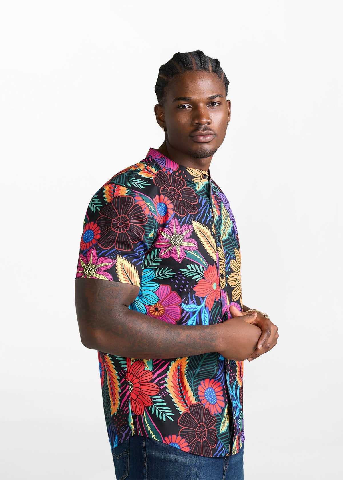 Oumar Men's African Print Mandarin Button-Up Shirt (Black Tropical Floral) - D'IYANU