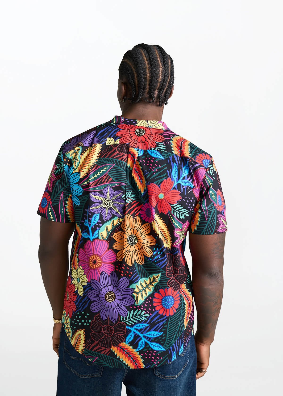 Oumar Men's African Print Mandarin Button-Up Shirt (Black Tropical Floral) - D'IYANU