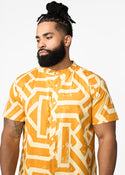 Oumar Men's African Print Mandarin Button-up Shirt (Gold Cream Tribal)