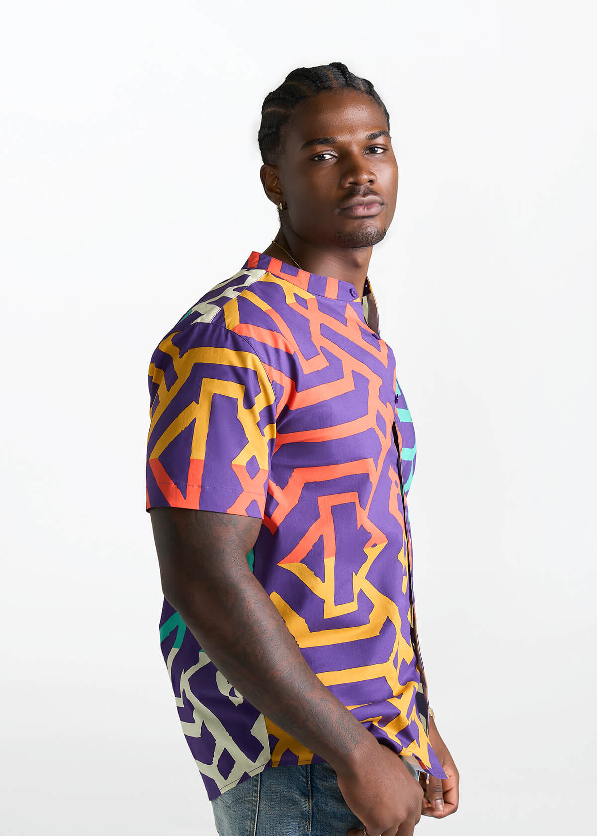 Oumar Men's African Print Mandarin Button-up Shirt (Purple Multicolor Tribal) - D'IYANU