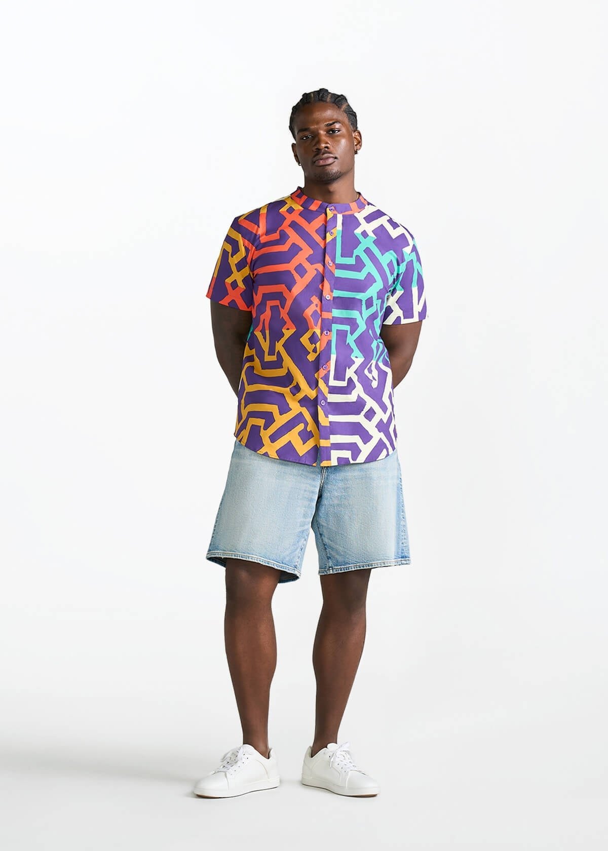 Oumar Men's African Print Mandarin Button-up Shirt (Purple Multicolor Tribal) - D'IYANU