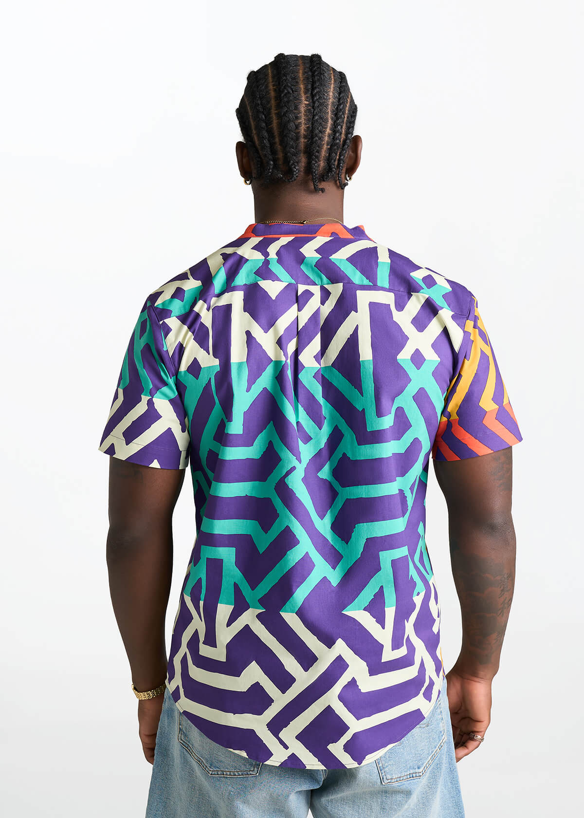 Oumar Men's African Print Mandarin Button-up Shirt (Purple Multicolor Tribal) - D'IYANU