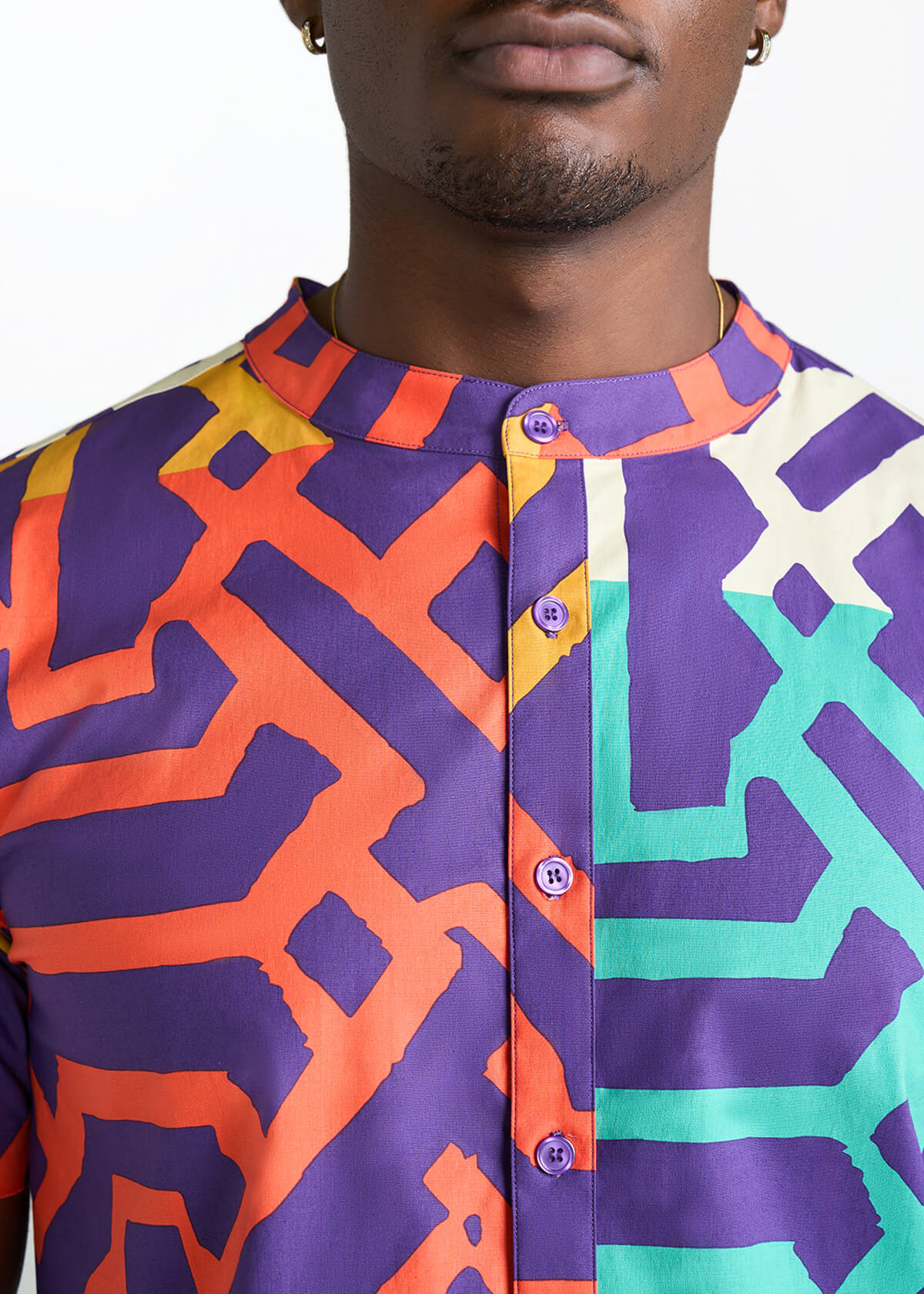 Oumar Men's African Print Mandarin Button-up Shirt (Purple Multicolor Tribal) - D'IYANU