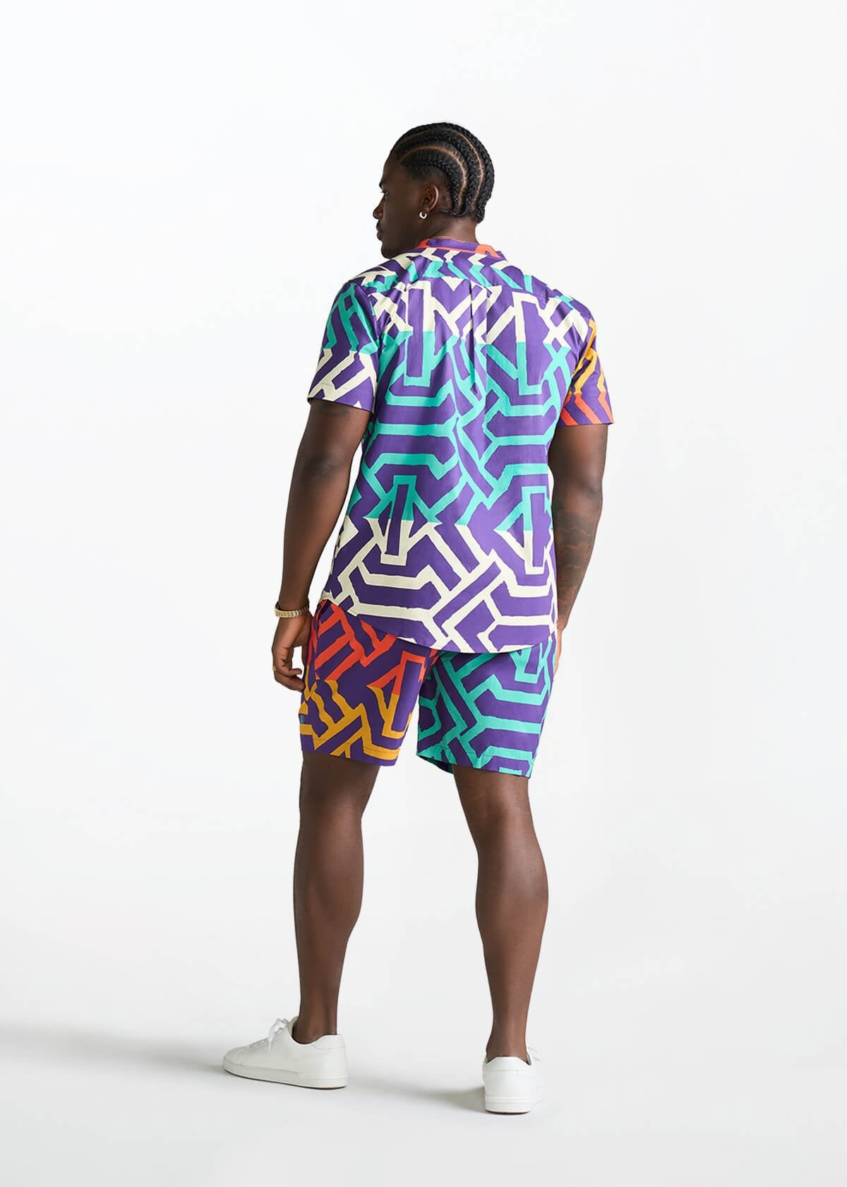 Oumar Men's African Print Mandarin Button-up Shirt (Purple Multicolor Tribal) - D'IYANU