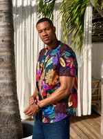 Oumar Men's African Print Mandarin Button-Up Shirt (Black Tropical Floral) - D'IYANU