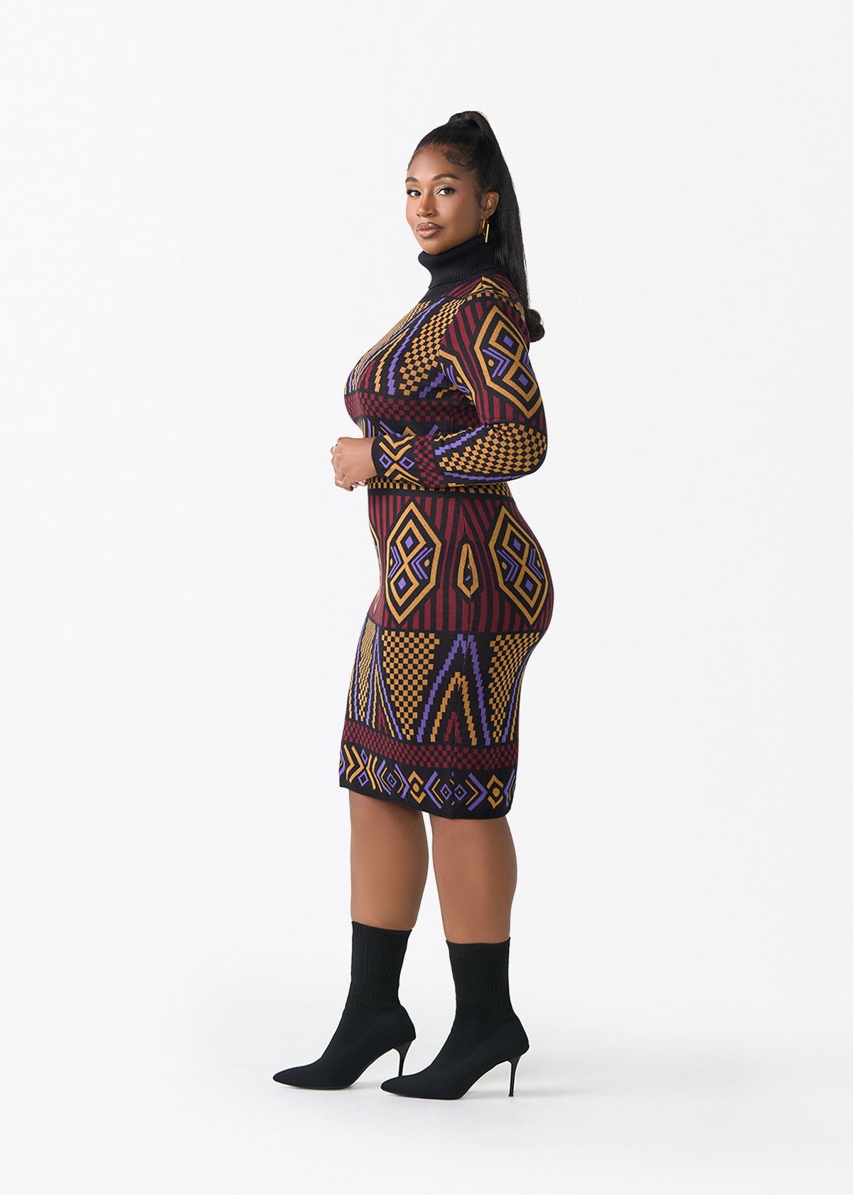 Palesa Women's African Print Turtleneck Sweater Dress (Black Burgundy Tribal) - D'IYANU