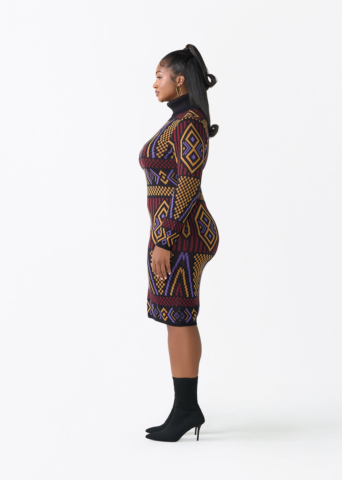 Palesa Women's African Print Turtleneck Sweater Dress (Black Burgundy Tribal) - D'IYANU