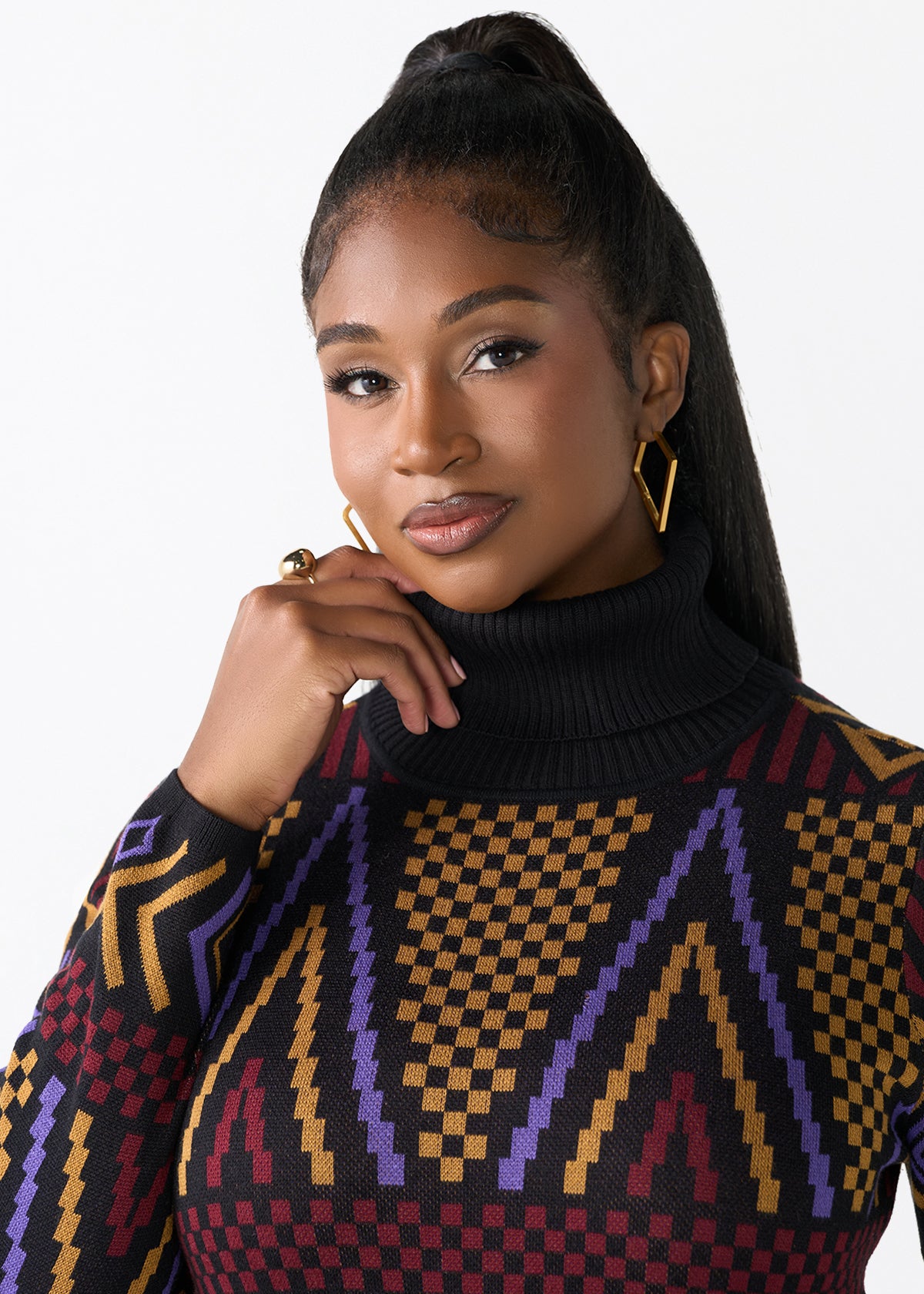 Palesa Women's African Print Turtleneck Sweater Dress (Black Burgundy Tribal) - D'IYANU