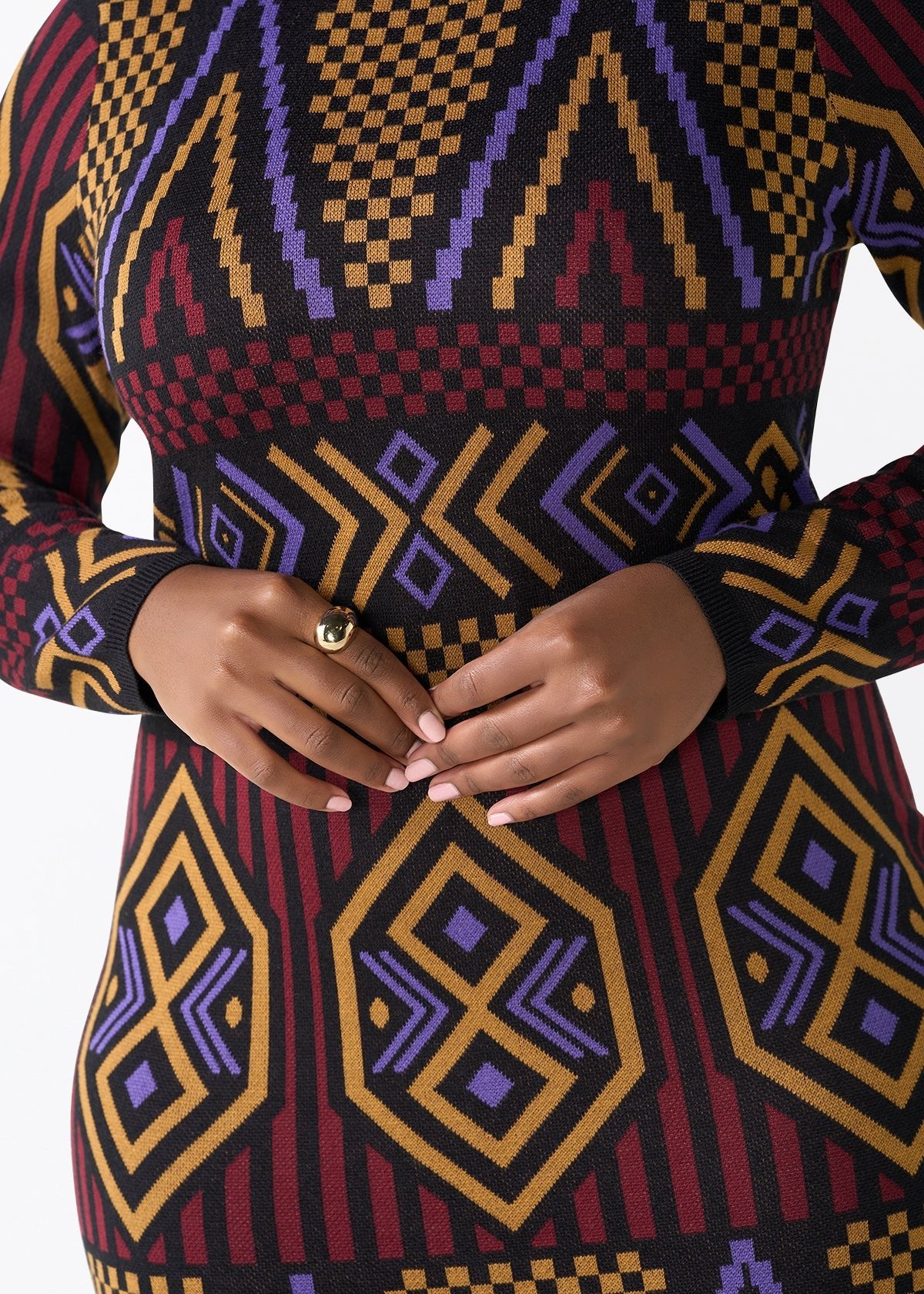 Palesa Women's African Print Turtleneck Sweater Dress (Black Burgundy Tribal) - D'IYANU
