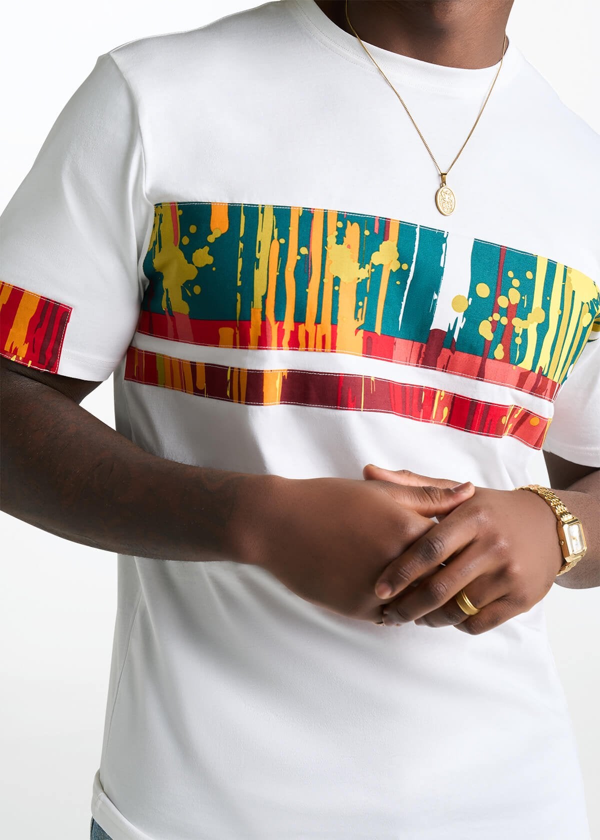 Raffiel Men's African Print Applique T-Shirt (Forest Paint Splatter) - D'IYANU