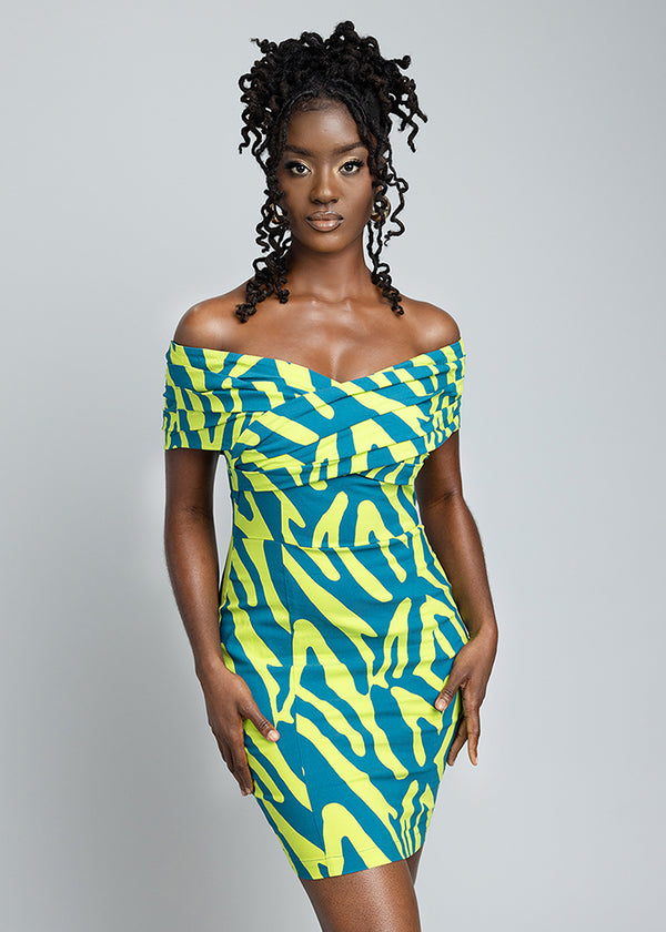 Rashida Women's African Print Stretch Dress (Lime Zebra Abstract)