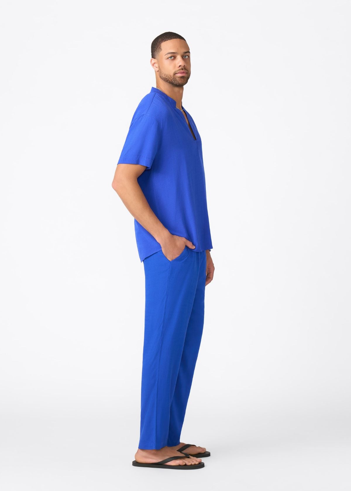 Refiloe Men's African Linen Blend Tunic (Cobalt) - D'IYANU