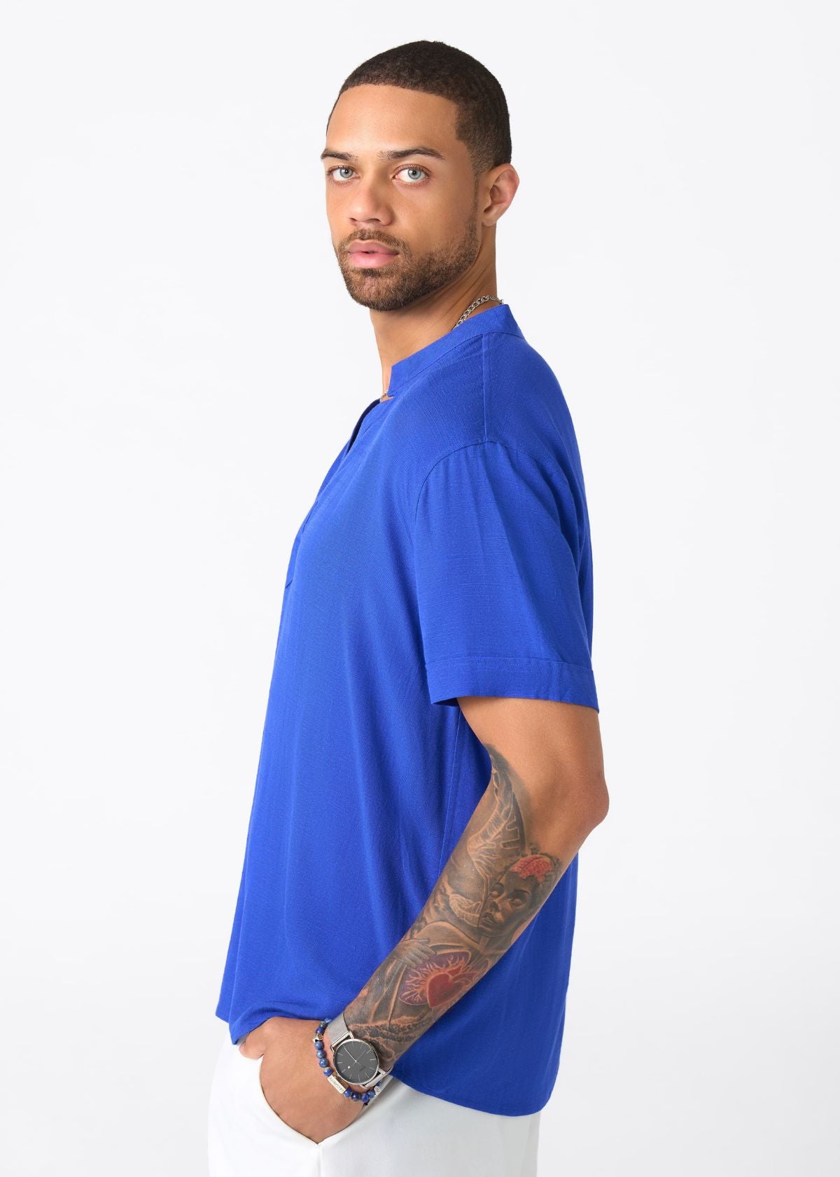 Refiloe Men's African Linen Blend Tunic (Cobalt) - D'IYANU