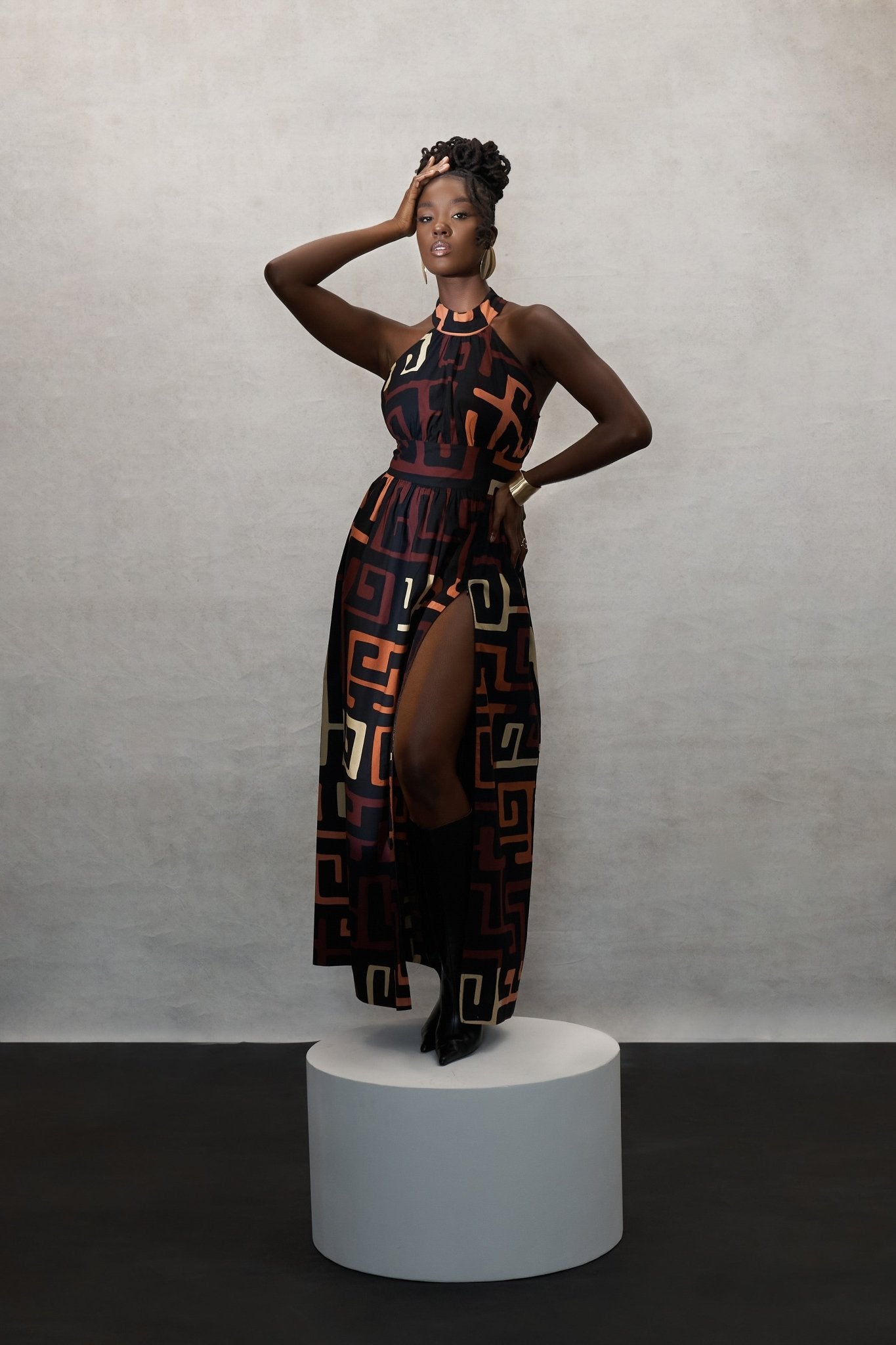 Ronke Women's African Print Maxi Dress (Neutral Kuba Geometric) - D'IYANU