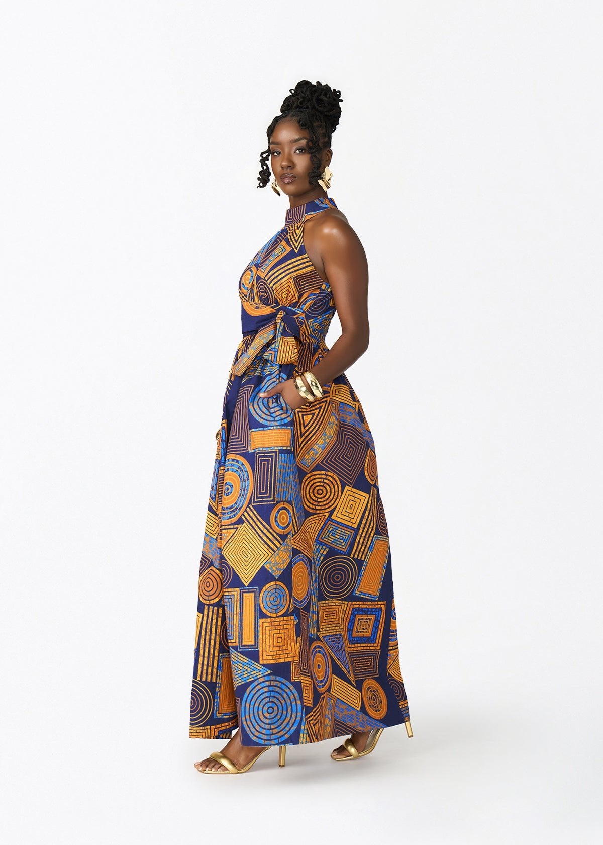 Ronke Women's African Print Maxi Dress (Royal Blue Geometric) - D'IYANU