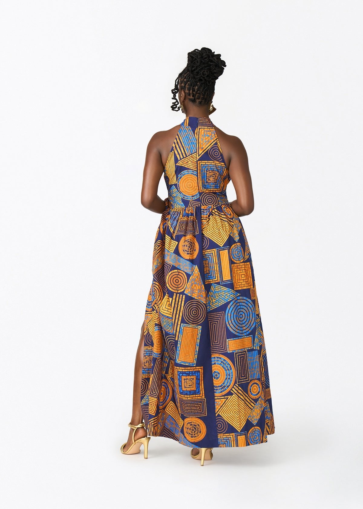 Ronke Women's African Print Maxi Dress (Royal Blue Geometric) - D'IYANU