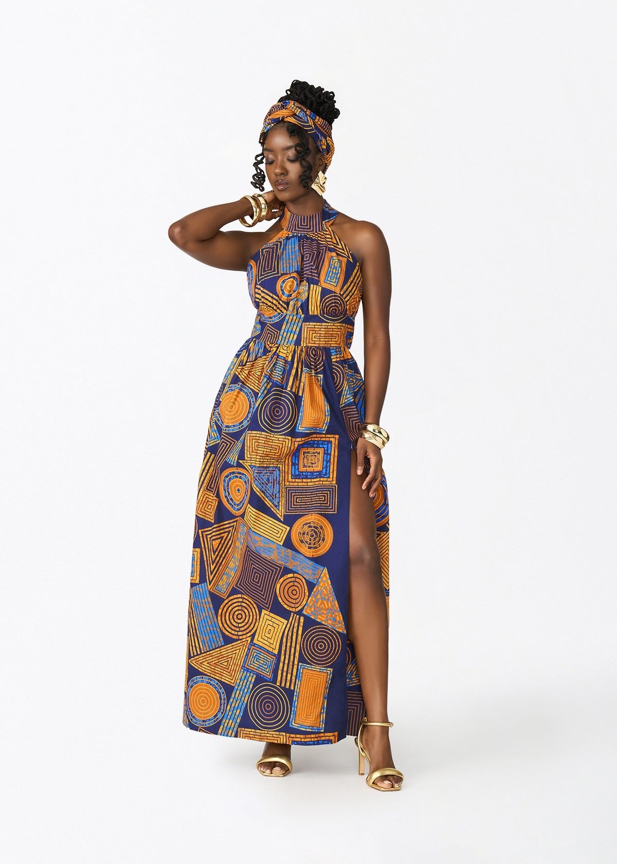 Ronke Women's African Print Maxi Dress (Royal Blue Geometric) - D'IYANU
