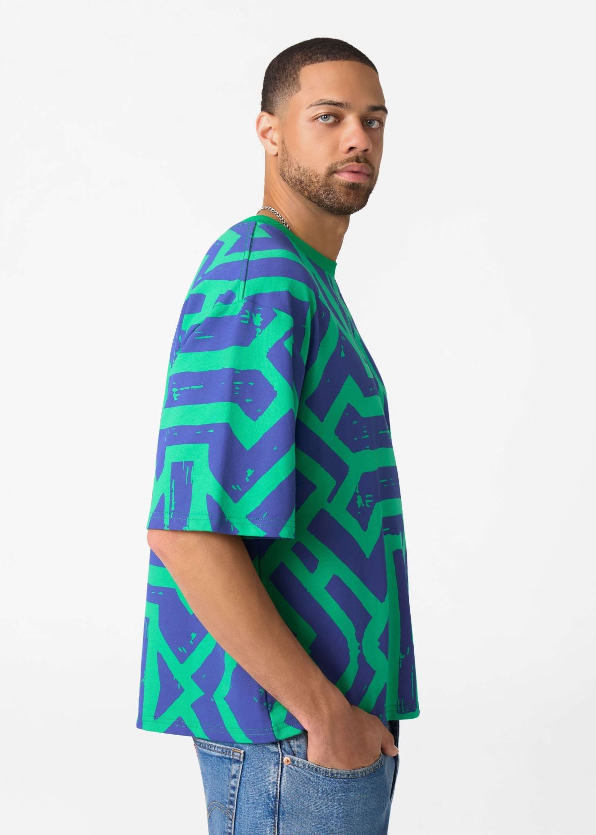 Rotimi Men's French Terry Short Sleeve Shirt (Teal Navy Tribal) - D'IYANU