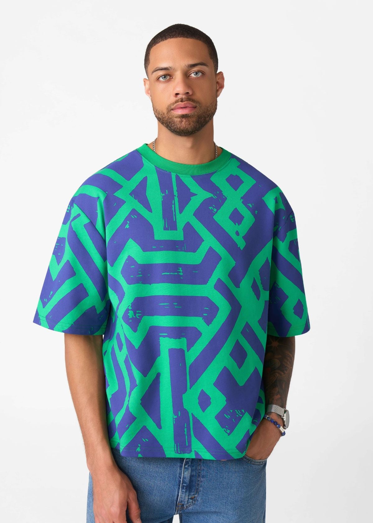 Rotimi Men's French Terry Short Sleeve Shirt (Teal Navy Tribal) - D'IYANU