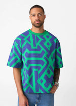 Rotimi Men's French Terry Short Sleeve Shirt (Teal Navy Tribal) - D'IYANU